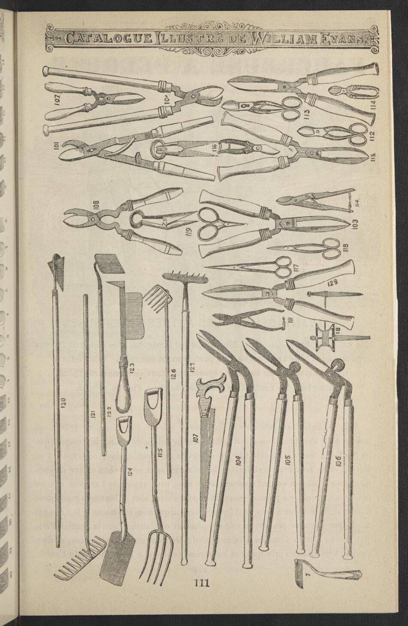 « Outils d’horticulture », gravure dans William Evans, Catalogue illustré de William Evans, Montréal, s. é., vers 1878, p. 111